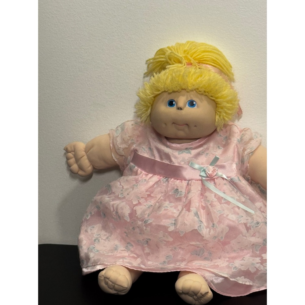 Vintage 1984 Fibre-Craft Doll Baby M.N. Thomas Yellow Yarn Hair Pink Dress 80s